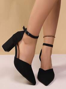 黑色优雅镂空踝带尖头粗跟时尚高跟鞋，女士时尚正装鞋，春秋新款