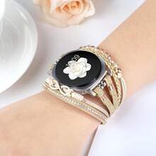 Boho Leather Bracelet For Samsung Galaxy Watch 8/7/6/5/4 Band 40mm 44mm Women, 20mm Handmade Multilayer Beaded Watch Bands For Watch 8 6 Classic 43mm/Watch 5 Pro/Watch4 Classic 42mm/Galaxy Active 2 - Infinite8-Gold - 查看 5