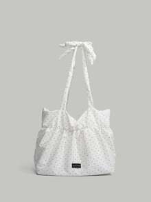 Korean Style Dot Pattern Canvas Tote Bag, Large Capacity Foldable Shoulder Bag For School/University, Suitable For Students, Wrinkle Ruffle Cloud Tie Strap Design - White - View 1