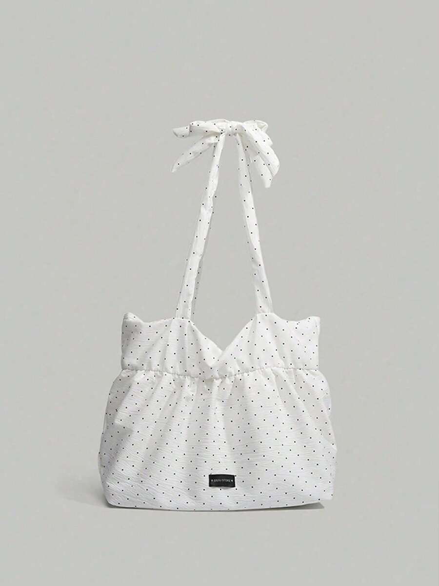 Korean Style Dot Pattern Canvas Tote Bag, Large Capacity Foldable Shoulder Bag For School/University, Suitable For Students, Wrinkle Ruffle Cloud Tie Strap Design - White - View 1