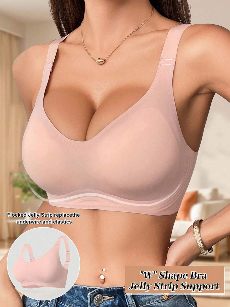 Soutien-gorge sans couture rembourré sans fil à couverture intégrale de couleur unie pour femmes, confortable et doux, avec coussinets amovibles, style de base avec une touche sportive - Rose bonbon - Voir 1