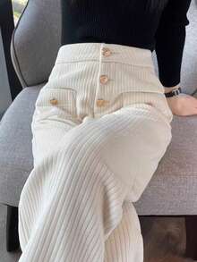 1件纯色涤纶口袋纽扣女式长裤，[腰围可调节]，宽松灯芯绒裤，休闲裤，适合办公室、假日、学校、度假、居家日常穿着，春、秋、冬三季皆宜。 - 杏色 - 查看 10