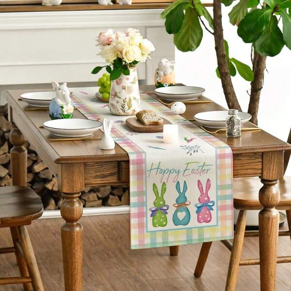 Green, Blue, Pink Buffalo Plaid Bunny Easter Happy Table Runner, Kitchen Dining Table Decor, Home Party Decoration, 13x15/13x47/13x72/13x90/13x108 Inches