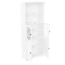 57.4 X 28.5 X 160cm Badezimmer-Hochschrank Mit Stauraum, Volllackierung, Glasschranktür, Holzschranktür, Zwei Offene Ablagefächer, Verstellbare Trennwände, Einfache Textur, White - White - View 9
