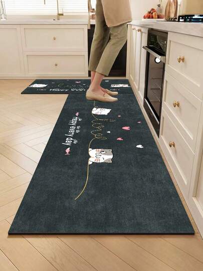 1 pieza Alfombra de gel de sílice para cocina, color de base verde oscuro con lindos gatos de dibujos animados, peces rosas, decoraciones de corazones rosas y blancos, líneas doradas que simulan un juguete para gatos, texto "Feliz cada día", tema de gatos alegres y curativos, alfombra de cocina de lujo y de moda, anti-fatiga