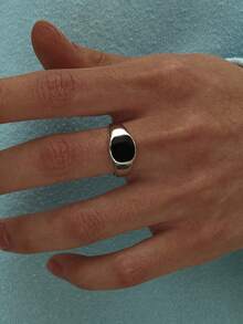 1pc Men's Minimalist Fashion Versatile Black Glossy Oil Drop Ring, Suitable For Daily Wear - Geometry - View 3