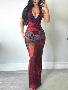 DOUCIU Mesh Print See Through Backless Sexy Halter Elegant Dresses Party Event Outfit - Multicolor - View 4