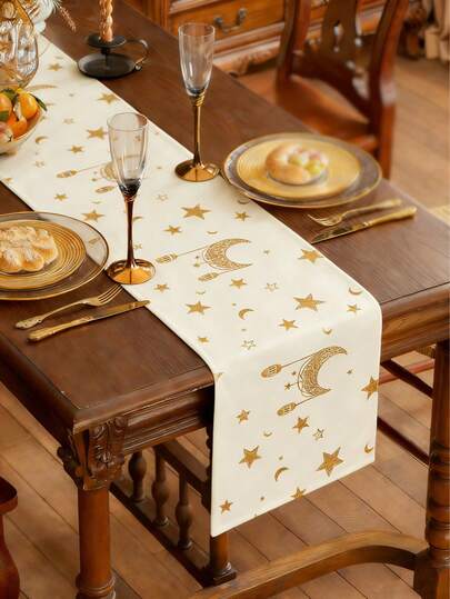 ראנר לשולחן מודפס דיגיטלי אחד, דוגמת כוכבים, ירח ושמיים, סגנון מודרני מינימליסטי. מפת שולחן מלבנית מפוליאסטר, מתאימה לחגים, חגים ציבוריים ועיצוב מסעדות.