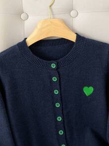 Stylish Colorblock Knit Cardigan Sweater Jacket For Women, Spring/Autumn/Winter, Soft & Cozy, Navy Blue, Heart Pattern Embroidery, Button Closure, Suitable For Casual & Home Wear - Royal Blue - View 3