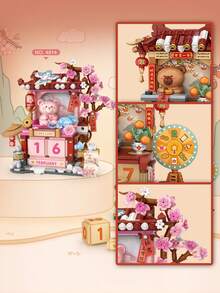LOZ Perpetual Calendar Pink Bear Peach Blossom Building Block Set, Calendar Bear Lucky House Building Block Model, Street Scene Series Building Blocks, Peach Blossom House Assembly Building Block Toy, Collectible Souvenir, Best Holiday Gift, Christmas Gift - Multicolor - View 10