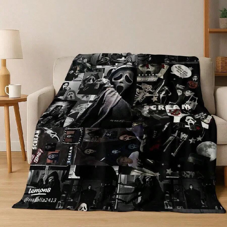 Horror Characters S-Scream Ghost Face Flannel Blanket,Cozy Soft Throw Blanket For Home Bedroom Bed Sofa Picnic Cover  Gift(23).Jpg - 白色 - 查看 1