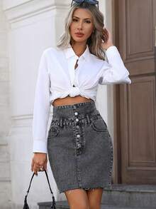 Happy Girl Casual High Waist Button Decor Elegant Romantic Fitted Denim Mini Skirt, Versatile For Spring/Summer - Grey - View 6