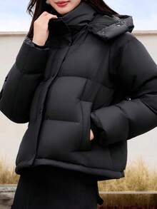 Women's Lightweight Down Jacket, Winter Warm And Anti-Static, Graphene Heat Reflective Hooded Thermal Lined Short Down Coat. - Phantom Black - View 1