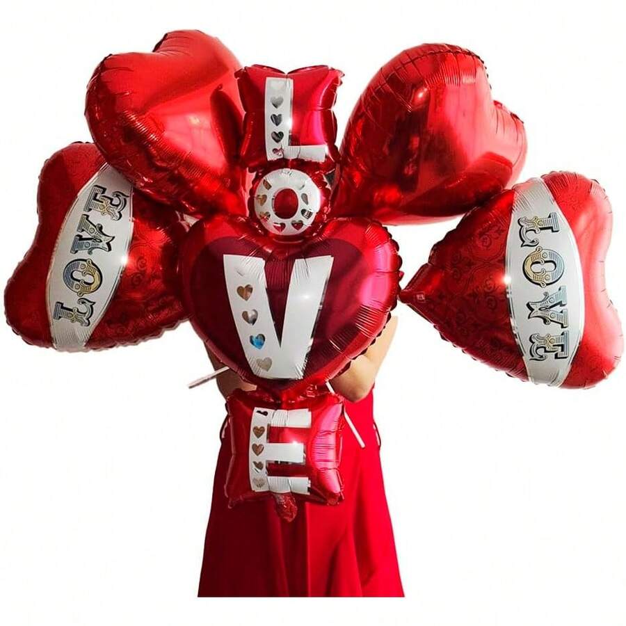 Kit de globos de corazón para decoración de de aniversario para propuesta boda y regalo, de aluminio 5 piezas, 4 globos color rojo (16'') y 1 globo "te amo" (36'') - ROSA OSO - Ver 1