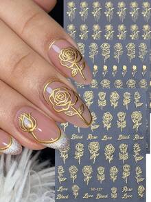 6片金色玫瑰美甲贴纸，自粘金色玫瑰花美甲贴花，DIY美甲装饰，适用于情人节、婚礼，适合女性和女孩美甲用品 - 金色 - 查看 3