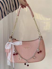 Túi đeo vai/túi xách tay hình lưỡi liềm bằng da PU màu trơn, thiết kế chữ cái độc đáo, kiểu dáng thời trang mới năm 2025, phù hợp cho mua sắm hoặc đeo chéo. - Hồng - Xem 2