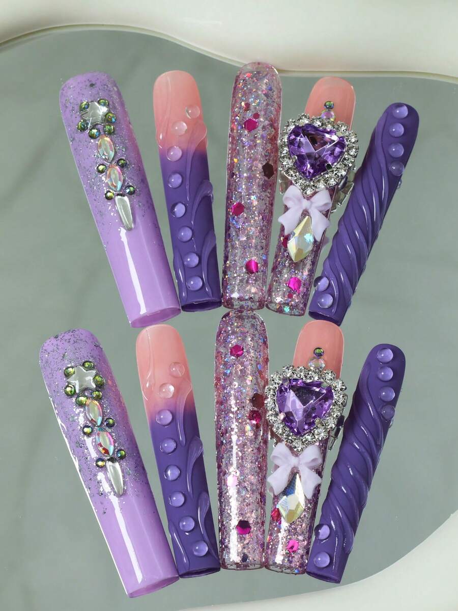 CrystalHola Valentine's Day & New Year's Edition 10 Pcs Handmade Press-On Nails,French Tip Nails, Square Long Nails, Fresh And Luxurious, Y2K, Exquisite, Diverse Styles, Oversized Purple Heart Gems, 3D Gel Strips, Shining Sequins, Hand-Painted Stripes, Christmas Elements, Gems Of Different Shapes, Cute Bear Accessories, Nail Set. Unique Artwork Within Reach, Detachable And Reusable, Full Coverage Design, Durable, A Top Choice For Gifts For Girls, An Essential Fashionable Accessory For Parties, Weddings, And Holidays, Suitable For Christmas, Halloween, And New Year Wear, Very Shiny And Eye-Catching.