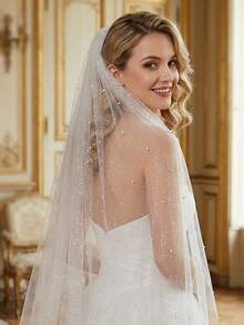 1 pièce Voile de mariée en tulle scintillant et étoilé avec perles, voile de mariage à couche unique de longueur mi-doigt, accessoire de cheveux de mariage de longueur de chapelle - A - Voir 3