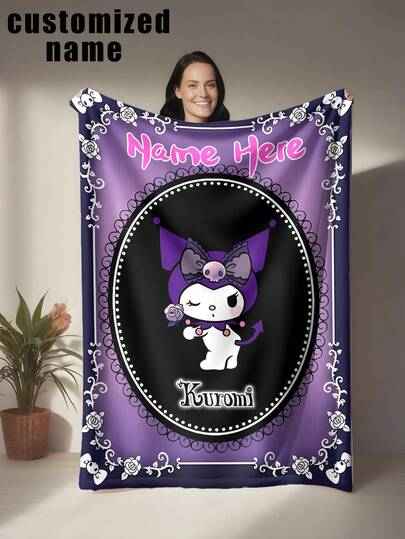 Sanrio 1pc Kuromi Themed Flannel Blanket, Customizable Name, Purple Tone, Featuring Detailed Kuromi Illustrations, Style - Suitable For All Seasons, Soft, Lightweight, Warm, Ideal For Sofa, Bed, Outdoor - Perfect Birthday And Holiday Gift For Family And Friends