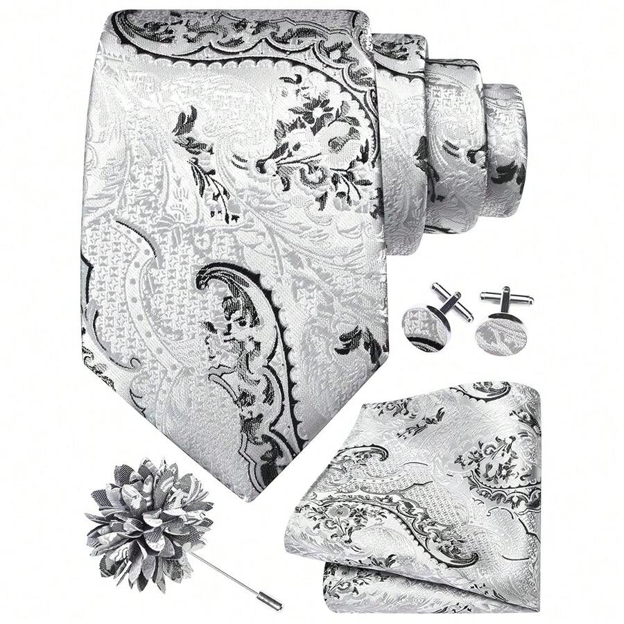 GUSLESON 8cm Paisley Tie Set For Men Necktie Lapel Pin Pocket Square Cufflinks Set For Men,Silver/Black - Silver/Black - View 1
