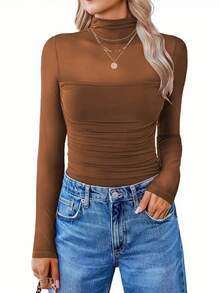 Women's Coffee Mesh Sheer Long Sleeve Pleated Blouse, Sexy Fitted High Neck, Fashionable Versatile All-Match, Suitable For Commuting, Business, Early Spring & Autumn/Winter - Mocha Brown - View 3