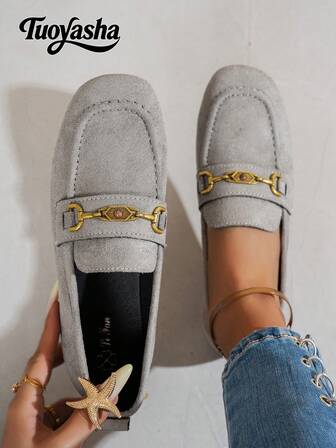 New Fashion Metal Buckle Decor Strap Slip-On Shoes, Stylish Loafers, Comfortable Non-Slip Versatile Design Suitable For Daily Wear And Commuting