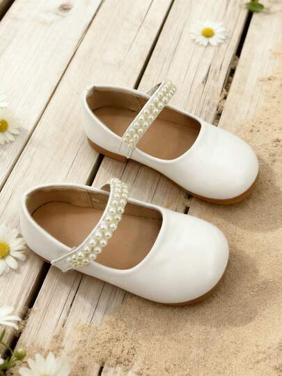 1 Pair Girls' Mary Jane Dress Shoes With Pearl Decor, Hook And Loop Closure Flat Shoes Suitable For Party, Ceremony And Daily Wear
