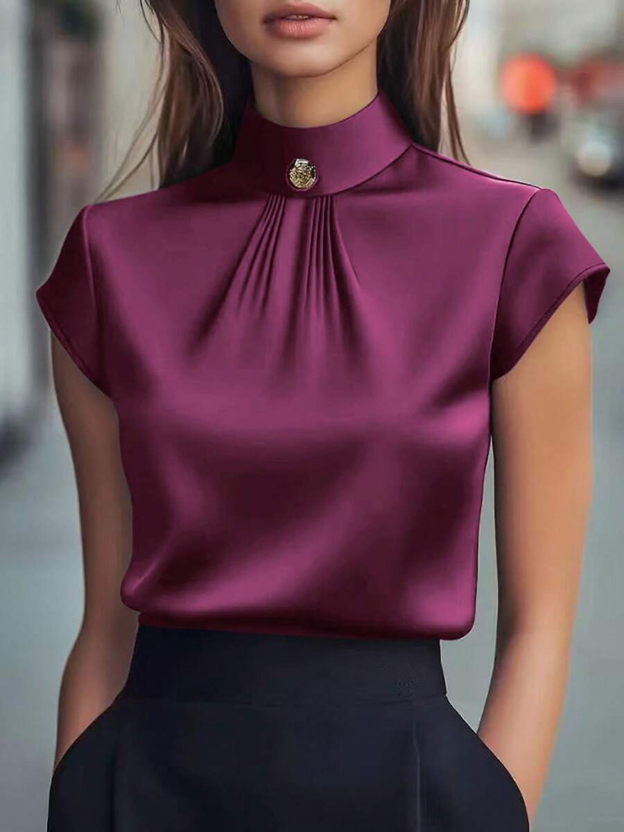 1 chiếc áo sơ mi nữ tay ngắn màu trơn bằng vải satin, cài cúc và có khóa kéo, kiểu dáng thanh lịch, phù hợp cho công sở, kỳ nghỉ, thường ngày, hẹn hò, mùa xuân, mùa thu, mùa hè. - Màu tím - Xem 1