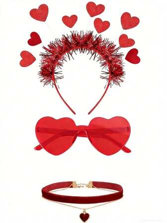 3pcs Set - Heart Headband, Heart Sunglasses, Heart Necklace, Valentine's Day Heart Headband And Heart Sunglasses Holiday Headband Party Accessories, With Red Heart Antenna Headband Flashing Heart Hair Decor, Suitable For Wedding, Engagement, Anniversary, Birthday Party Gifts, Valentine's Day Decoration, Oversized Heart Valentine's Day Gift