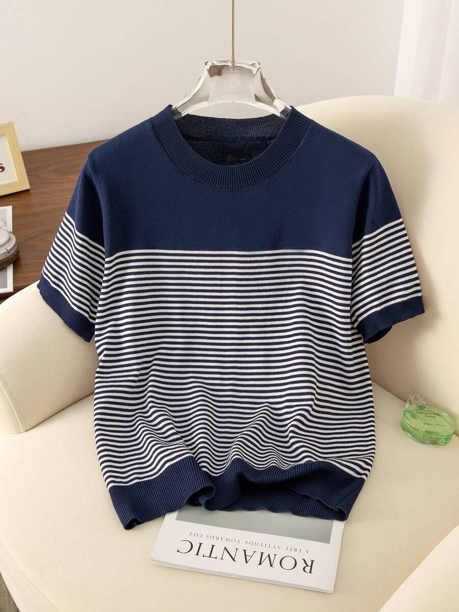 Women's Summer New Fashionable Casual Breathable Thin Striped Knit Sweater, Colorblock, Versatile For Daily And School Wear - Royal Blue - View 1