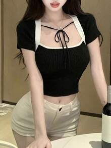 新款春夏女式针织短袖T恤，正面撞色系带蝴蝶结设计 - 黑色 - 查看 7