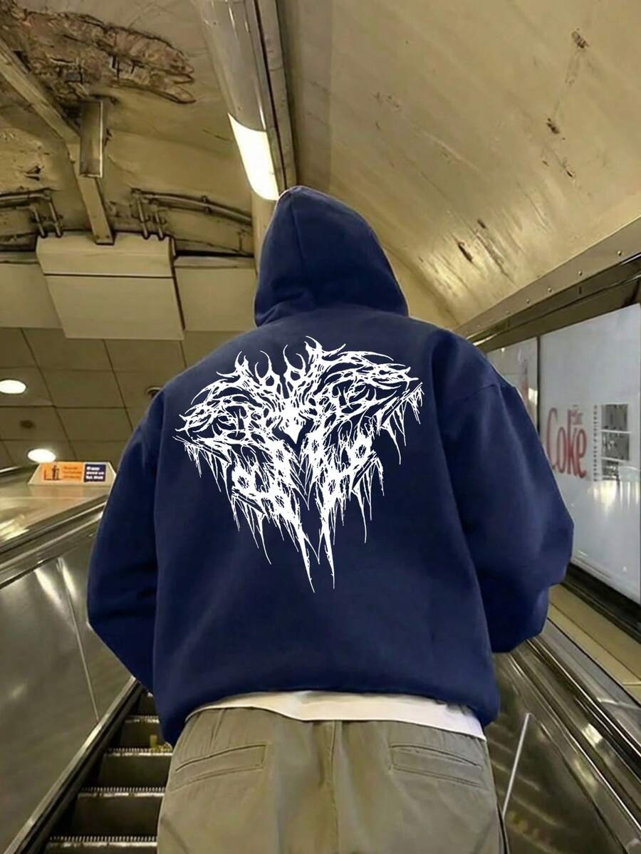 Męska, swobodna, modna bluza z kapturem, kieszenią kangurkową i ściągaczem, z nadrukiem, jesień/zima - Granatowy - Zobacz 1