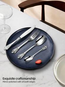 4/16/24pcs Silver/Gold Stainless Steel Vintage Cutlery Set, Steak Knife, Fork Spoon Dessert Spoon, For Home Kitchen Hotel Restaurant Party Festival Thanksgiving Easter Christmas Wedding, Home & Hotel Restaurant Tableware Combination, Kitchen Knife, Gift Cutlery Set, Western Restaurant Birthday Holiday Anniversary Cutlery Set, Machine Washer Washable