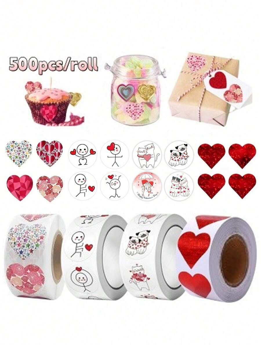 500-2000张情人节闪光红色爱心贴纸，2.5厘米心形装饰标签，情人节爱情装饰贴纸，适用于结婚纪念日派对、返校季、情人节（500张/卷）