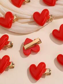 10pcs/Set Girls Red Heart Shaped Hair Clips Set, Suitable For New Year Decoration And Daily Use - Red - View 5
