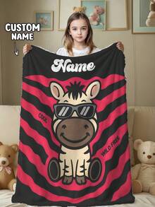 1pc Customizable Text Family Blanket, Zebra Pattern, Memorial Blanket, Suitable As Girls, Boys, Adults, Valentine's Day, Lightweight, Baby Blanket, Personalized Fleece Blanket, Personalized Photo Blanket - Multicolor - View 6