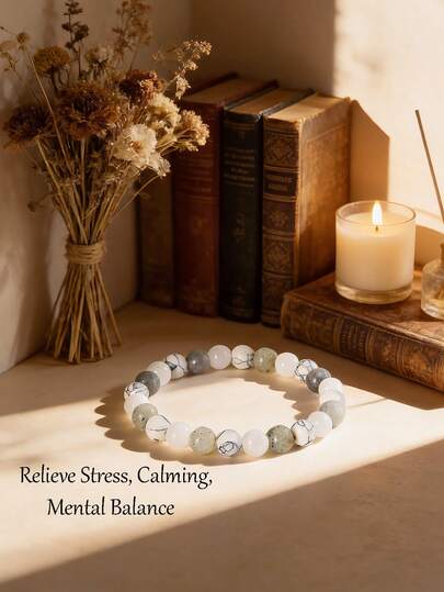 1pc Natural Stone Anxiety Relief & Stress Reduction Bracelet, Labradorite & White Howlite Mental Balance Bracelet, Calming And Healing Crystal Bracelet, Friendship Bracelet, Love Bracelet, Valentine's Day Gift