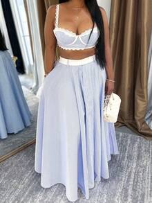 Sling Vest Lace Stitching High Waist Skirt Striped Two-Piece Set - Blue - View 1