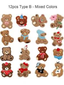 12pcs Curly Teddy Bear Patches - Cute Animal Embroidered Heat Transfer Patches, Suitable For Clothes, Hats, Bags, Jeans, Shirts - DIY Decorative Patches - Multicolor - View 12