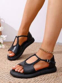 Women's Platform & Wedge Slip-On Shoes, Fashionable Casual Flat Shoes, T-Strap Hollow-Out Shoes, Black Loafers - Black - View 2