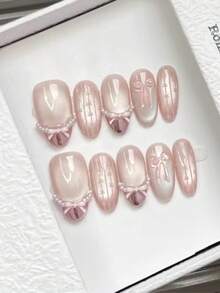 10pcs Pure Handmade Press On Nails Sweet Short Coffin-Shaped/Medium-Long Oval Blush Cat Eye Hand-Pressed Nail Patches, 3D Pink Bow Fake Nail Pearl French Nail Patches, Cute Summer Nail, Suitable For Weddings, Valentine's Day, Back-To-School Season And Daily Wear - Pink - View 4