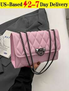 Chic Travel Solid Black Color Quilted Outdoor Shoulder Bag With Party Chain Strap Fashionable Evening Rhombus Mesh Small Square Vacation Crossbody - 粉色 - 查看 11