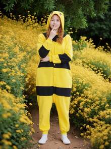 1pc Animal Home Pajamas Jumpsuit Warm Fleece Costume Sleepwear, Autumn/Winter Couples Gifts Suitable For Men And Women Party Outfit - Bee - View 3