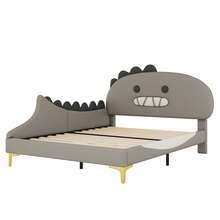 Children's Bed 140 X 200 Cm, Dinosaur Pattern, Flat Bed, Made Of Polyurethane, Grey - Gray + PU - View 4