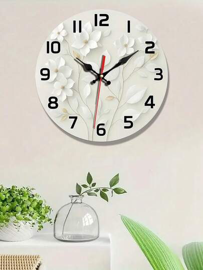 1pc Silent Quartz Wooden Wall Clock, Floral Pattern - Elegant White Round Clock, Suitable For Living Room, Bedroom, Office, Kitchen, Bathroom - Battery Powered (AA Batteries Not Included), Kitchen Accessory | Decorative Wall Clock | Wooden Structure, Living Room Wall Clock