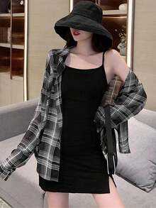 2025夏季新款格子衬衫女休闲宽松上衣 - 黑色 - 查看 3