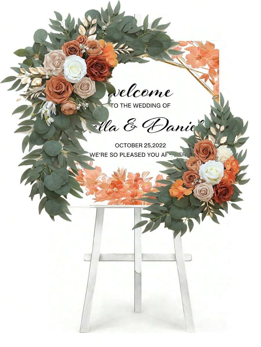 2个仿真花环，适用于婚礼迎宾牌、婚礼招待会装饰（赤陶色）