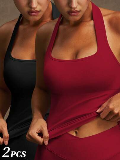 VVX 2件装女士露背吊带短款背心，带可拆卸胸垫，性感露背，适合运动瑜伽，Y2K圣诞红色休闲纯色，柔软舒适，适合健身房日常穿着，四季皆宜。