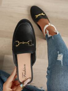 Women's Closed Toe Slip-On Sandals, Fashion Small Metal Chain Hollow Slippers, Non-Slip Outdoor Slides - Black - View 5