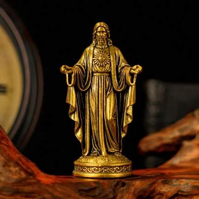 Solid Brass Vintage Jesus Statue (Arms Outstretched) - Religious Collectible Decor, Suitable For Home And Desk, Christmas, Easter, Thanksgiving Theme, Metal Jesus Figurine